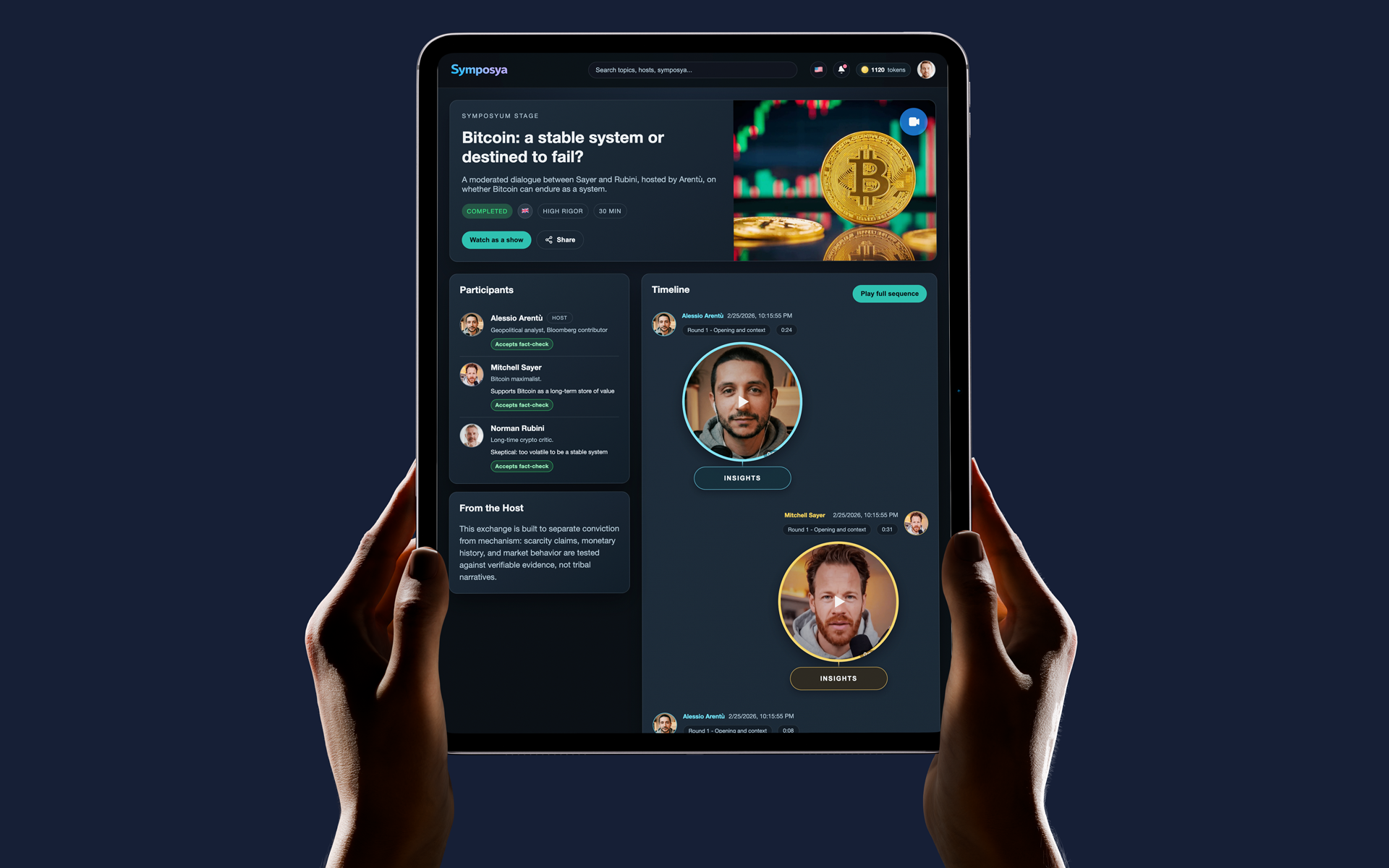 Symposya interface: debate timeline with expanded contribution and fact check panel