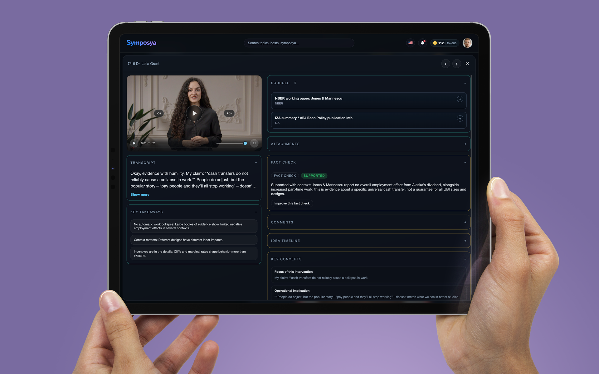 Example debate view with source-linked claims and contribution detail
