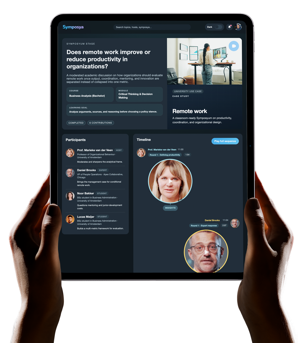 Symposya debate interface showing structured contributions and source-linked claims
